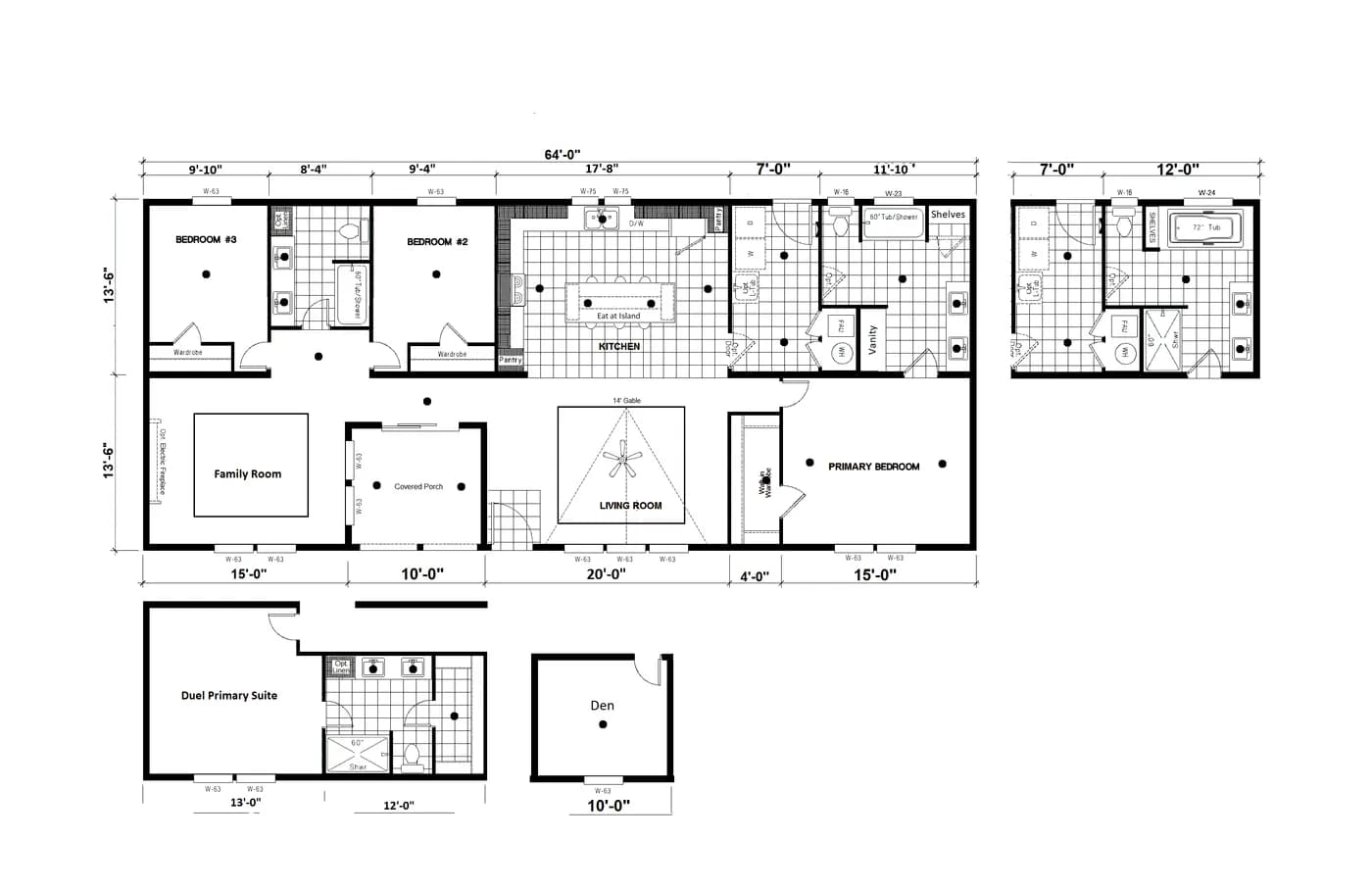 The PREFERRED PLUS CP641F Floor Plan. This Manufactured Mobile Home features 3 bedrooms and 2 baths.