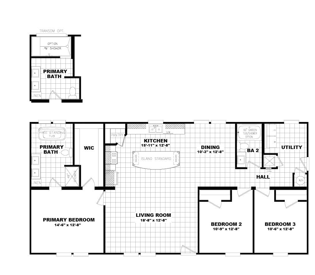 The 3542 THE WATERWAY MOD Floor Plan. This Modular Home features 3 bedrooms and 2 baths.