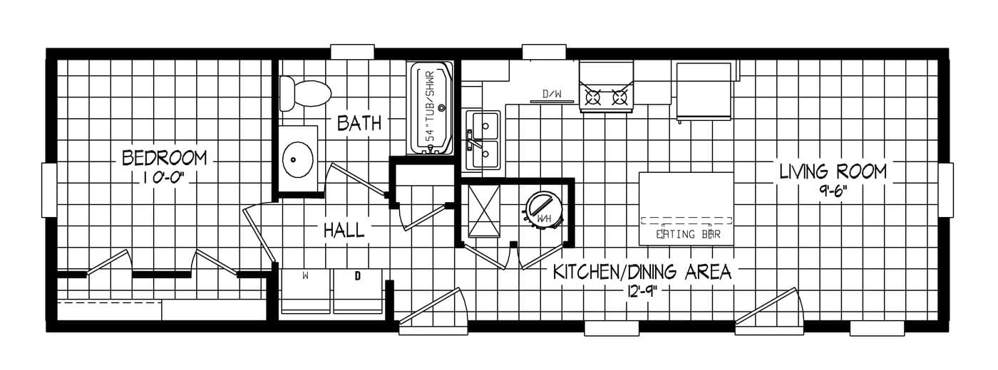 The RIGHT CHOICE 215-1 Floor Plan. This Manufactured Mobile Home features 1 bedroom and 1 bath.