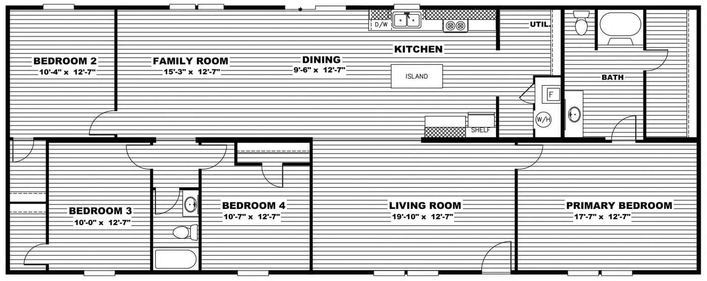 The PRIDE Floor Plan. This Manufactured Mobile Home features 4 bedrooms and 2 baths.