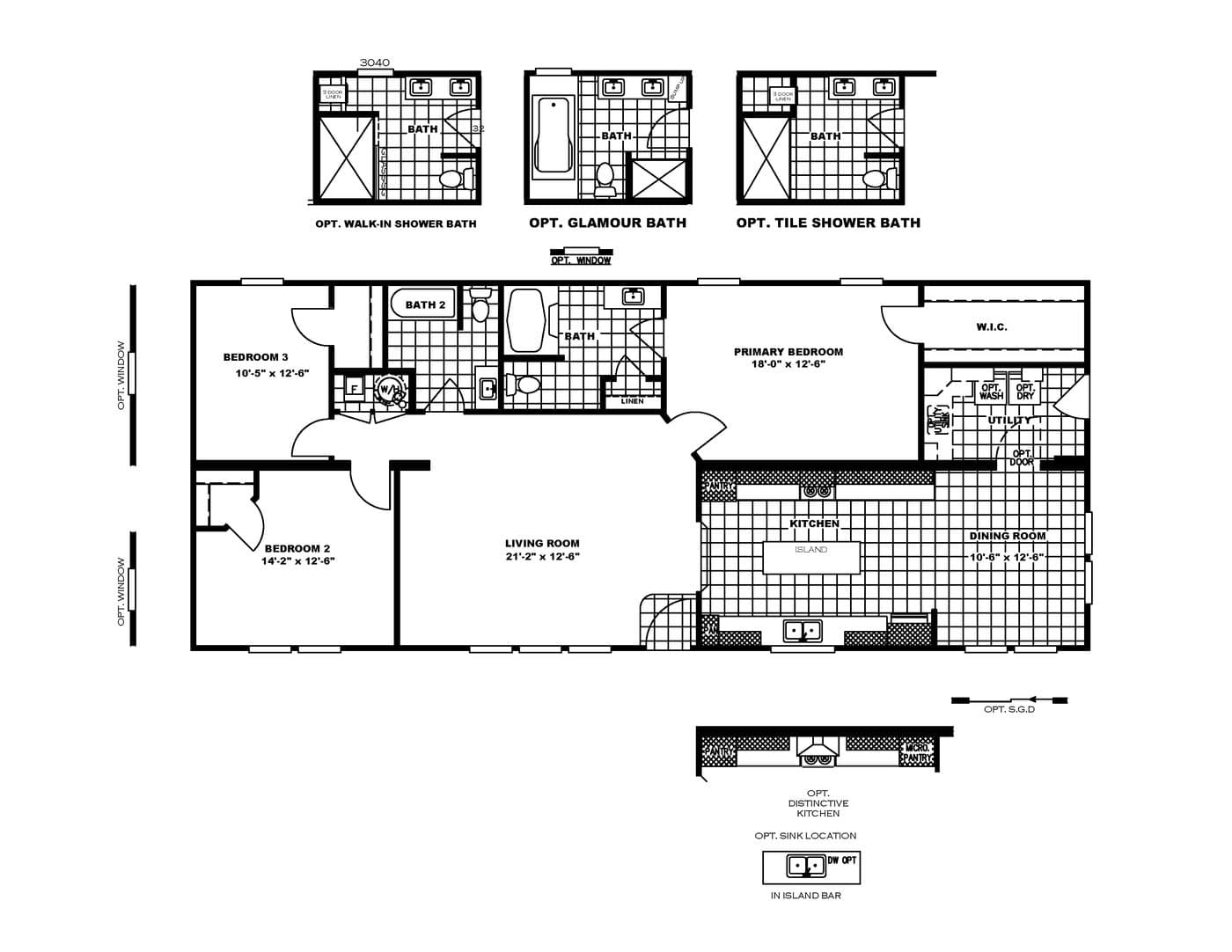 The CASTLE PINES Floor Plan. This Manufactured Mobile Home features 3 bedrooms and 2 baths.