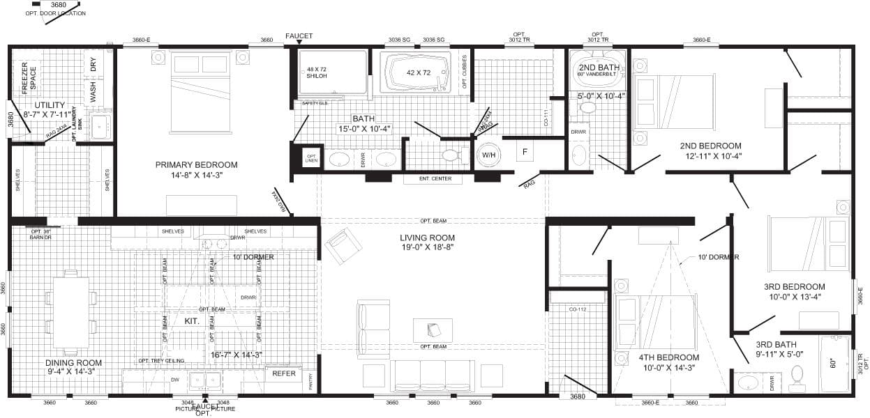The THE EMMA JEAN Floor Plan. This Manufactured Mobile Home features 4 bedrooms and 3 baths.