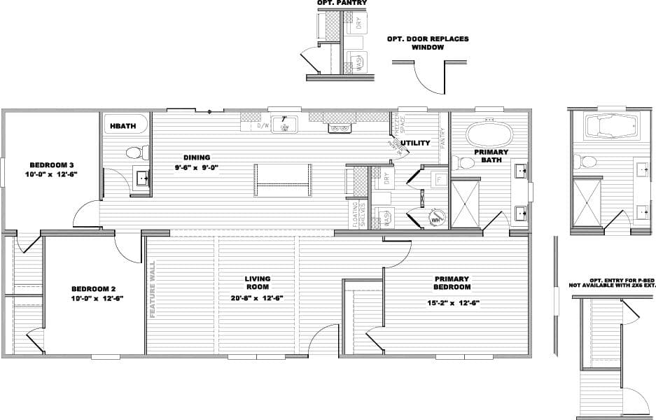 The LIZZIE Floor Plan. This Manufactured Mobile Home features 3 bedrooms and 2 baths.