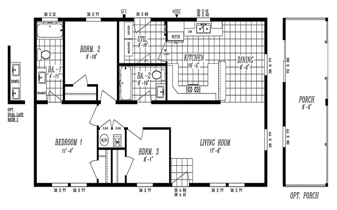 The 2036 COLUMBIA RIVER (NEW) Floor Plan. This Manufactured Mobile Home features 3 bedrooms and 2 baths.