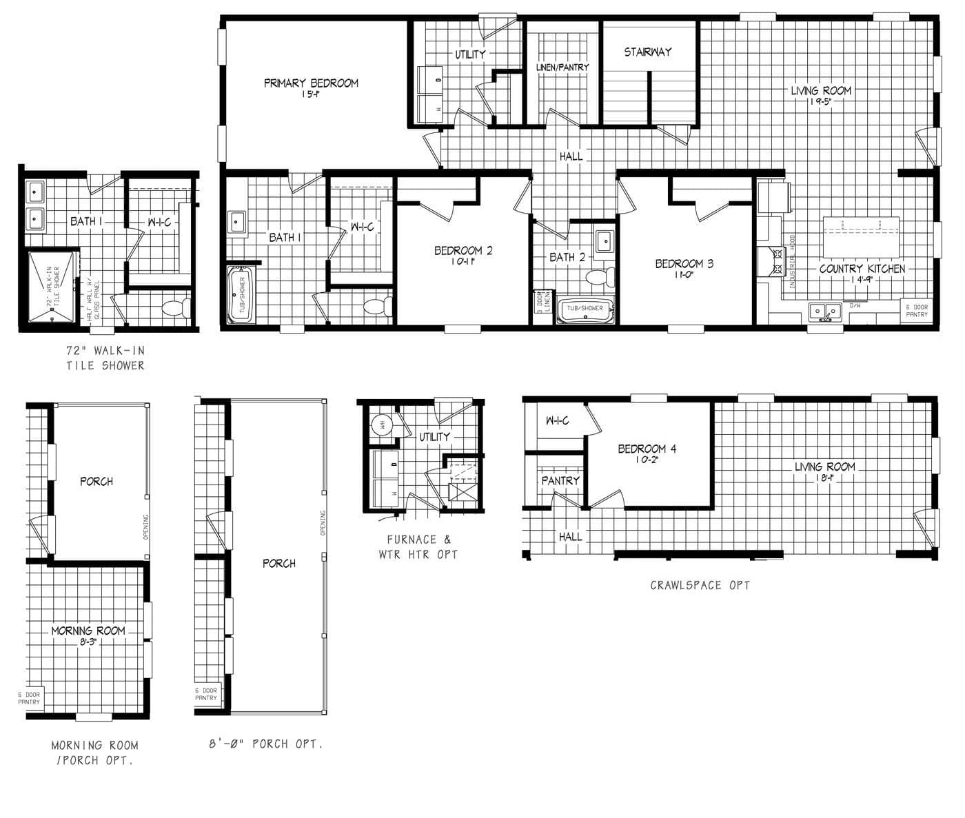 The RAMSEY 75 MOD Floor Plan. This Modular Home features 4 bedrooms and 2 baths.