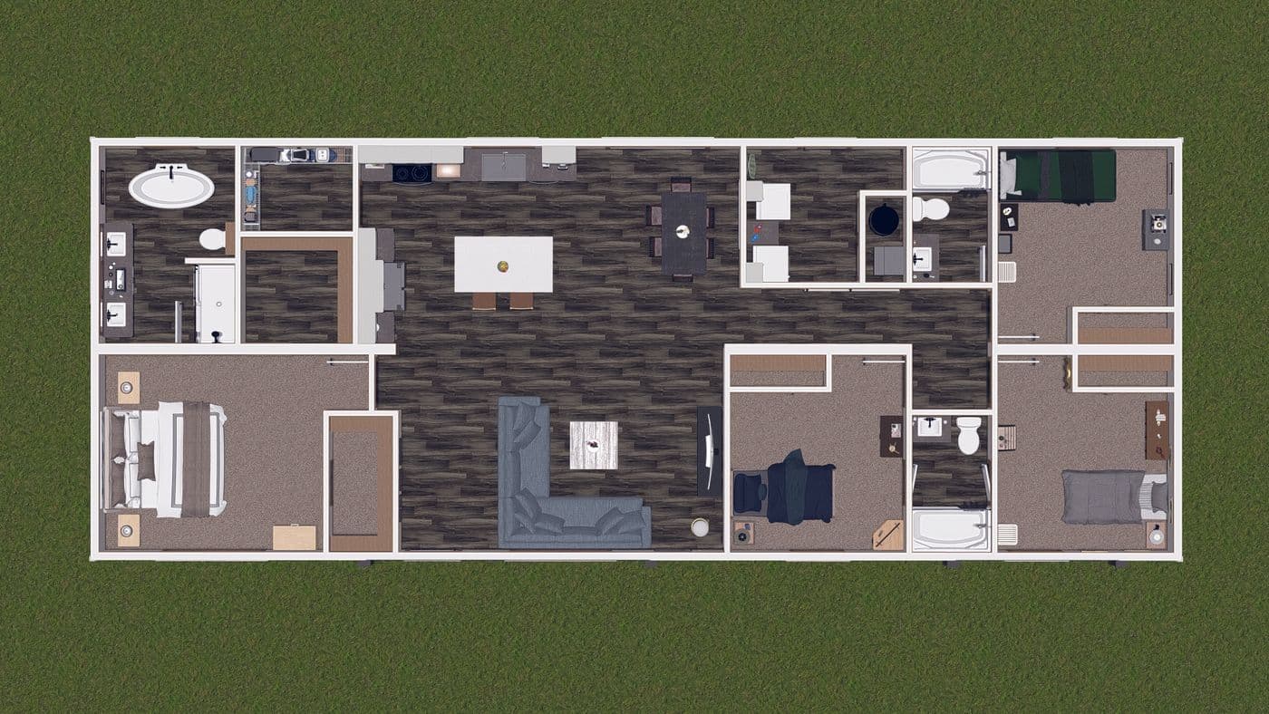 The EVERETT Floor Plan. This Manufactured Mobile Home features 4 bedrooms and 3 baths.
