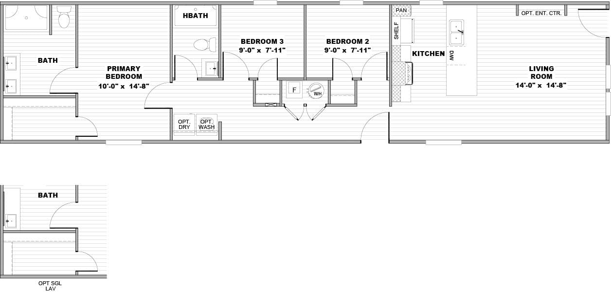 The ROCKY CREST Floor Plan. This Manufactured Mobile Home features 3 bedrooms and 2 baths.