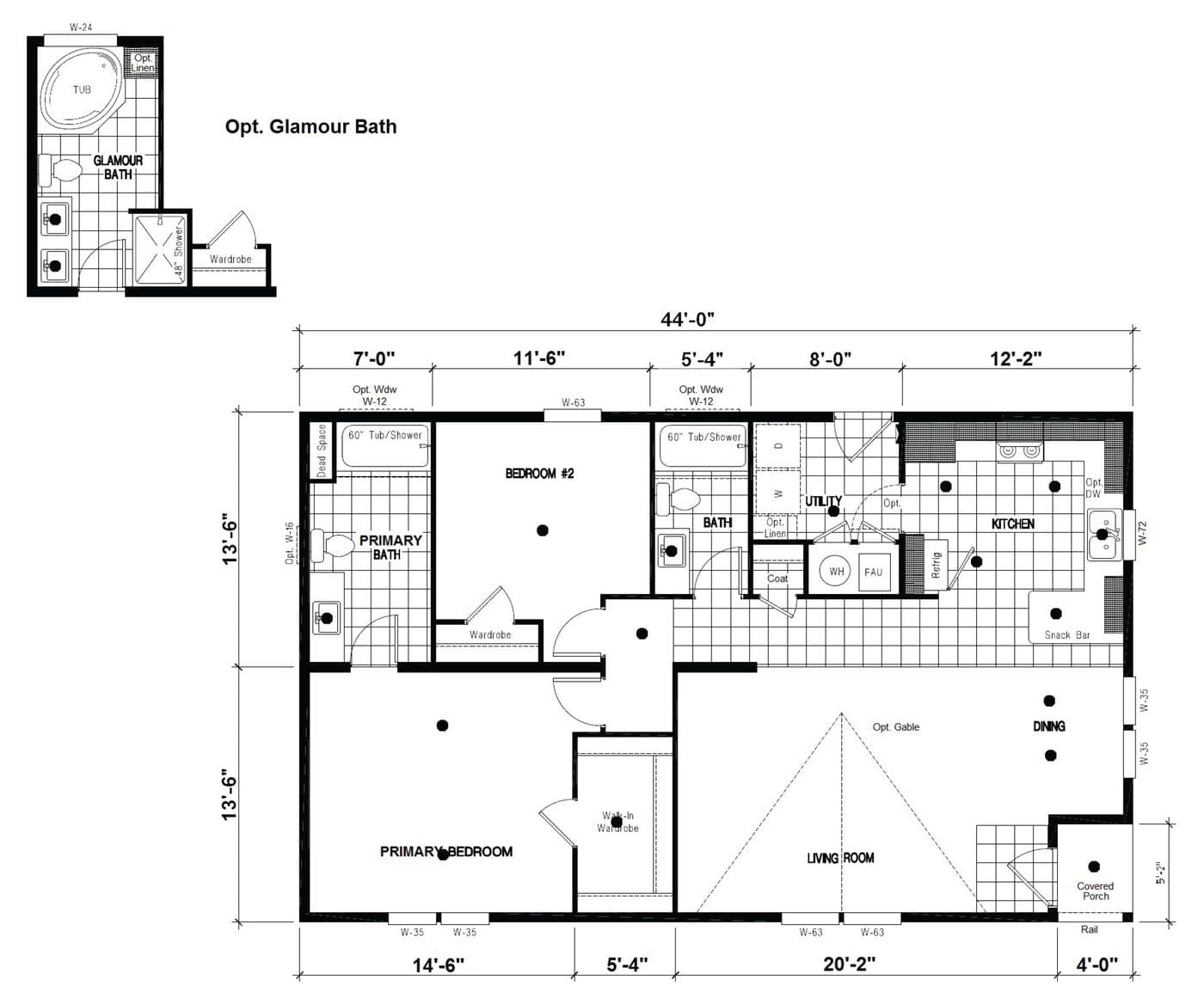The DRM441F 44'              DREAM Floor Plan. This Manufactured Mobile Home features 2 bedrooms and 2 baths.