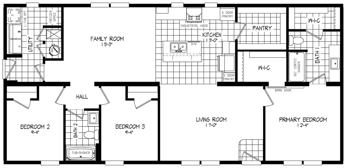 The LEGEND 78 MOD Floor Plan. This Modular Home features 3 bedrooms and 2 baths.