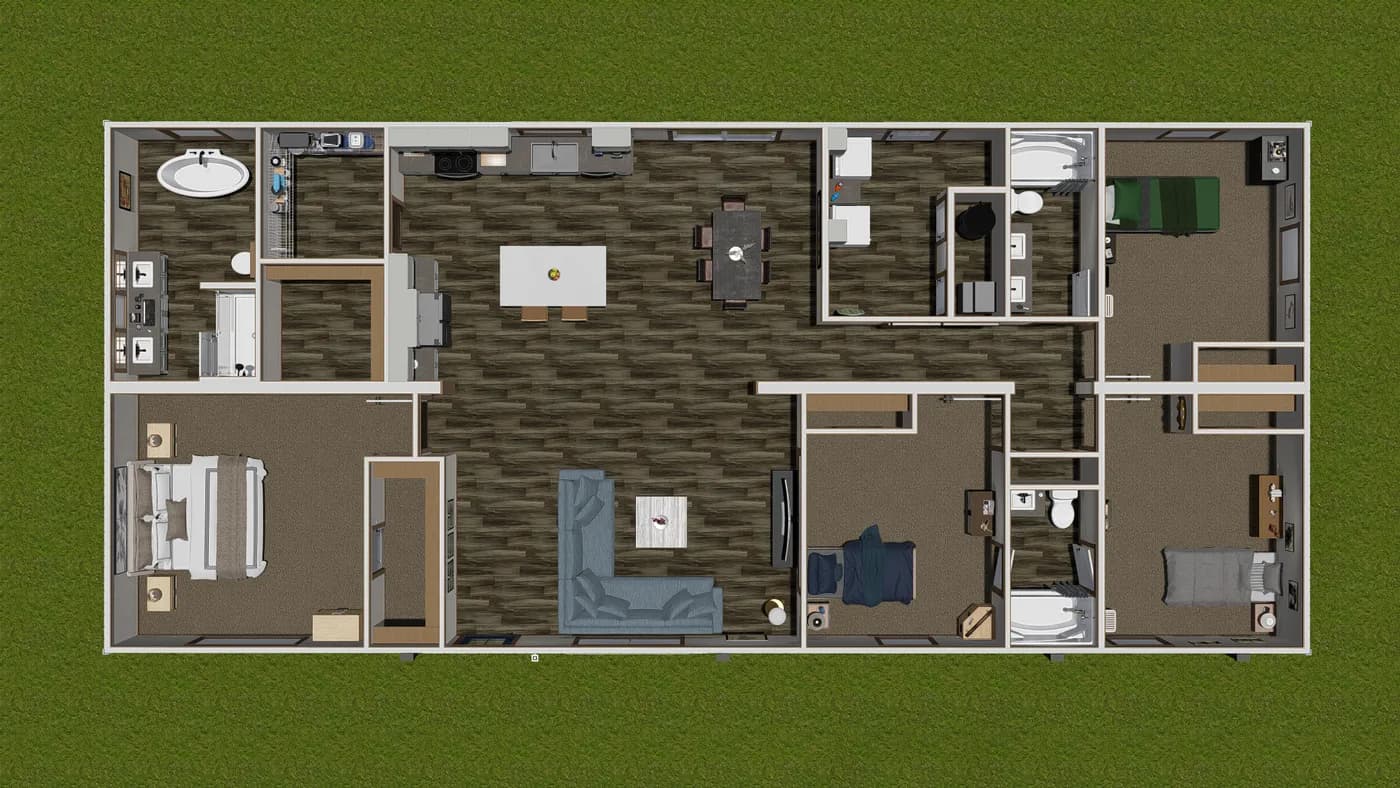 The EVERETT ELITE Floor Plan. This Manufactured Mobile Home features 4 bedrooms and 3 baths.
