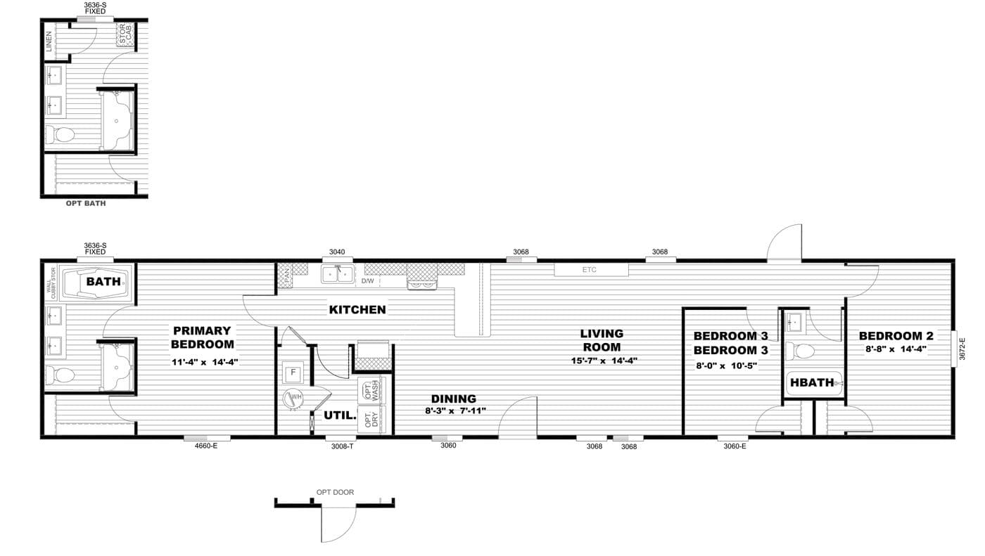 The RESOLUTION 16763K Floor Plan. This Manufactured Mobile Home features 3 bedrooms and 2 baths.