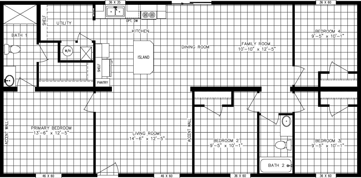 The HANCOCK Floor Plan. This Manufactured Mobile Home features 4 bedrooms and 2 baths.