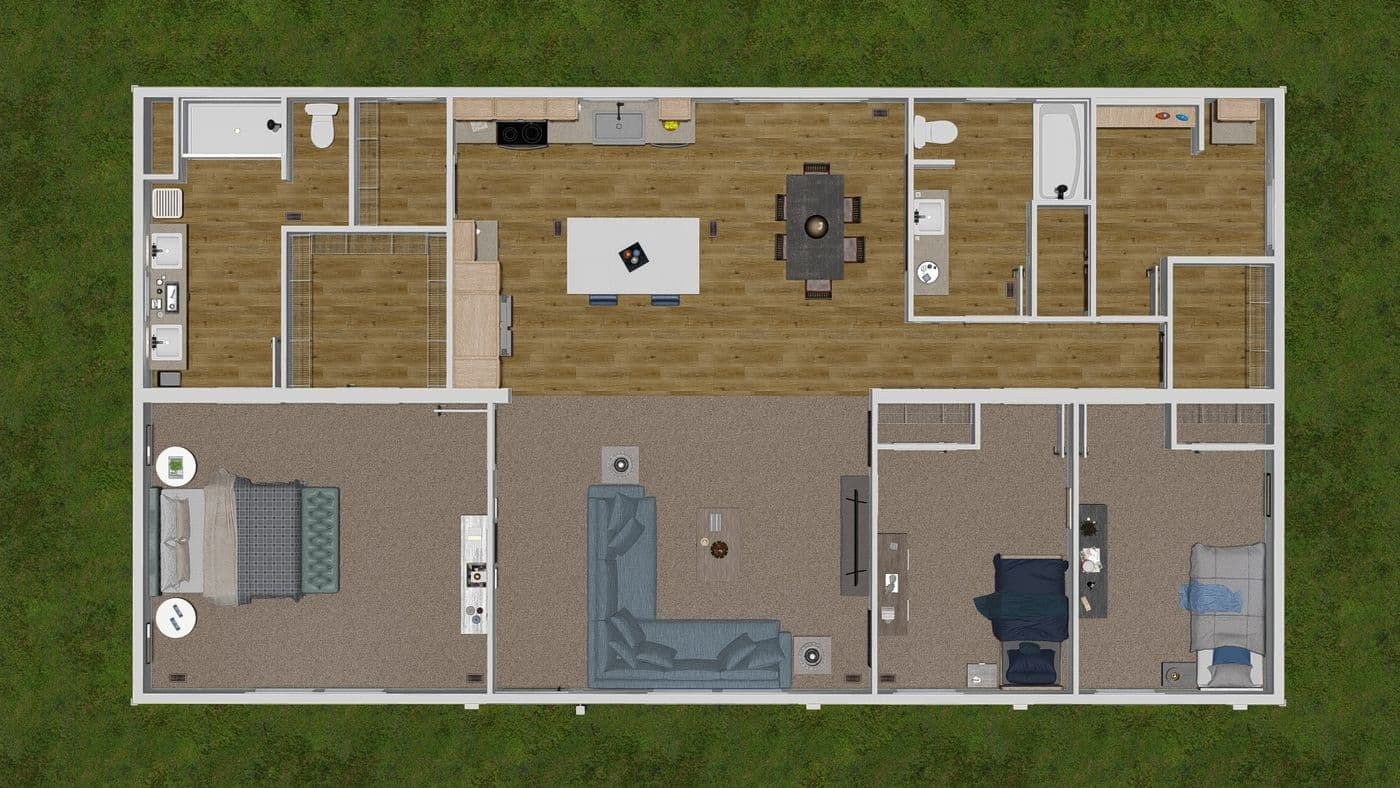 The ACADIA Floor Plan. This Manufactured Mobile Home features 3 bedrooms and 2 baths.