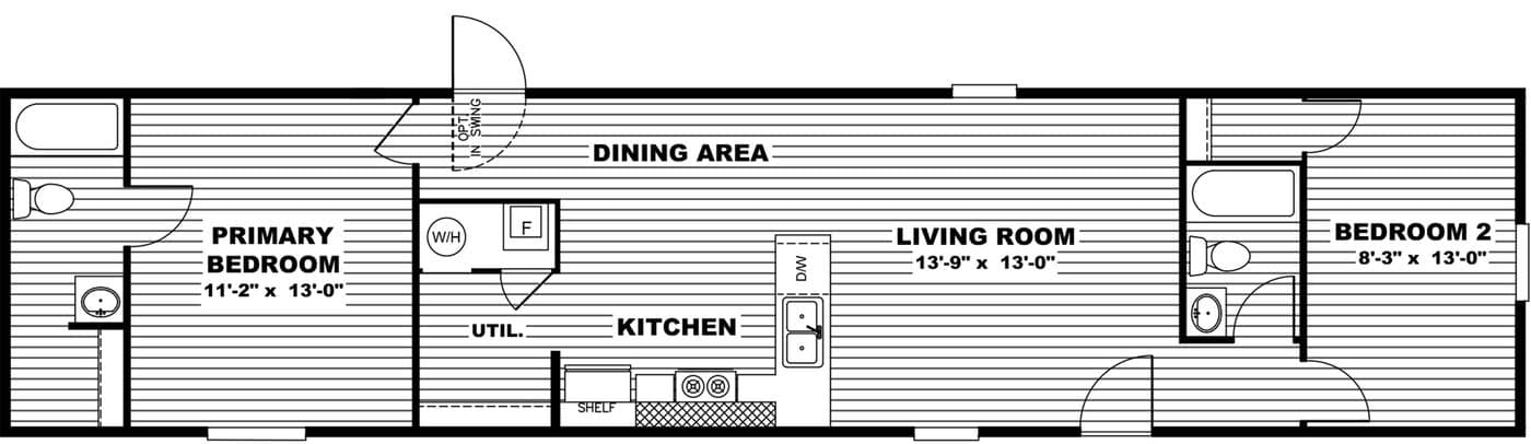 The DELIGHT Floor Plan. This Manufactured Mobile Home features 2 bedrooms and 2 baths.
