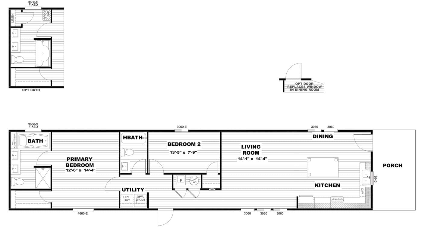 The RETREAT LIVING 16682A Floor Plan. This Manufactured Mobile Home features 2 bedrooms and 2 baths.