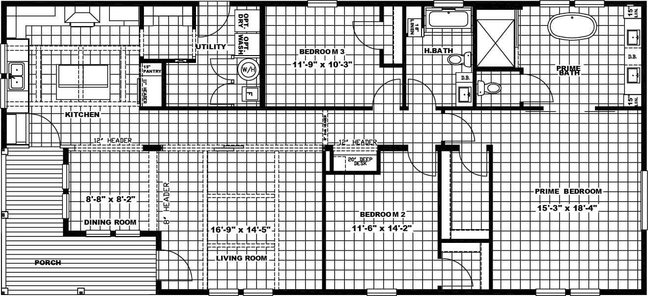 The SOUTHERN CHARM Floor Plan. This Manufactured Mobile Home features 3 bedrooms and 2 baths.