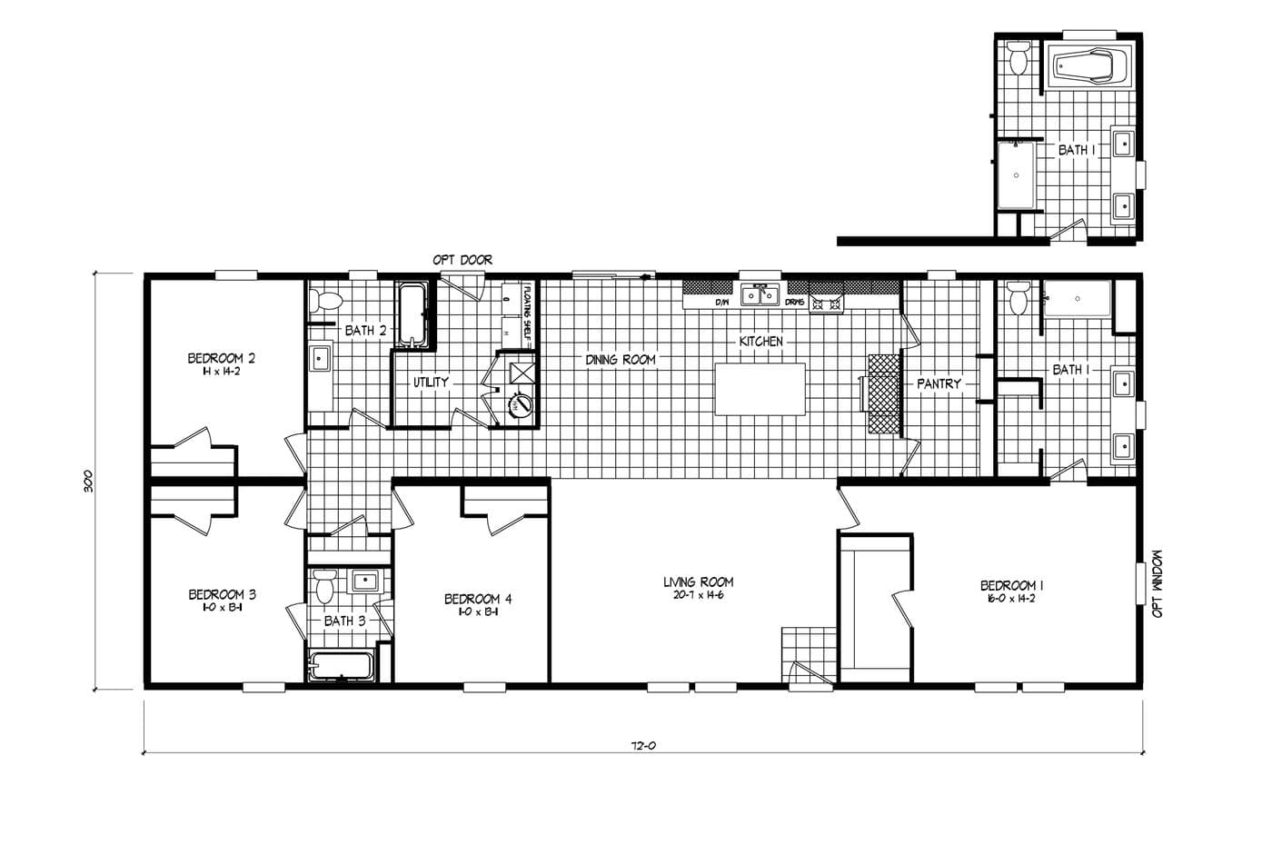 The DENALI Floor Plan. This Manufactured Mobile Home features 4 bedrooms and 3 baths.
