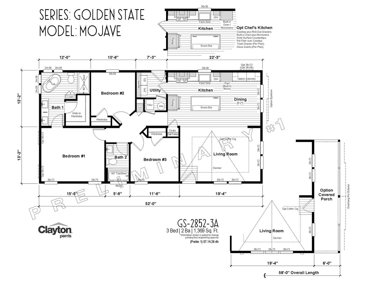 The MOJAVE Floor Plan. This Manufactured Mobile Home features 3 bedrooms and 2 baths.