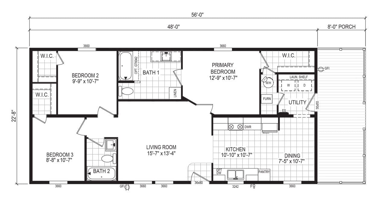 The 5624-E734P THE PULSE Floor Plan. This Manufactured Mobile Home features 3 bedrooms and 2 baths.