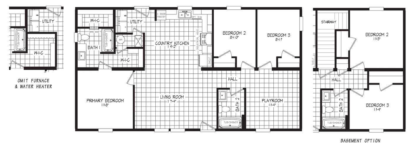 The RAMSEY 65-3 MOD Floor Plan. This Modular Home features 3 bedrooms and 2 baths.