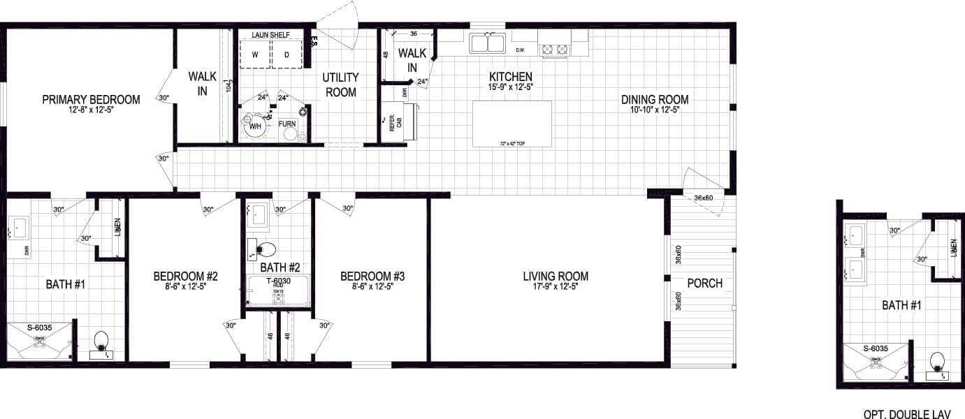 The 5628-MS068 CARMEL Floor Plan. This Manufactured Mobile Home features 3 bedrooms and 2 baths.