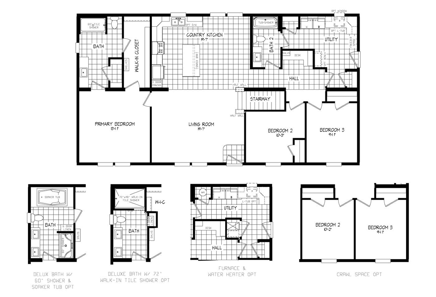 The LEGEND 86 MOD Floor Plan. This Modular Home features 3 bedrooms and 2 baths.