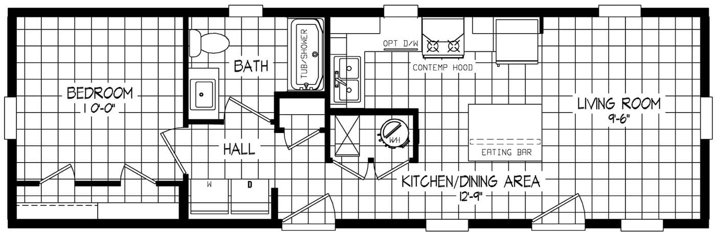 The RAMSEY 215-1 Floor Plan. This Manufactured Mobile Home features 1 bedroom and 1 bath.