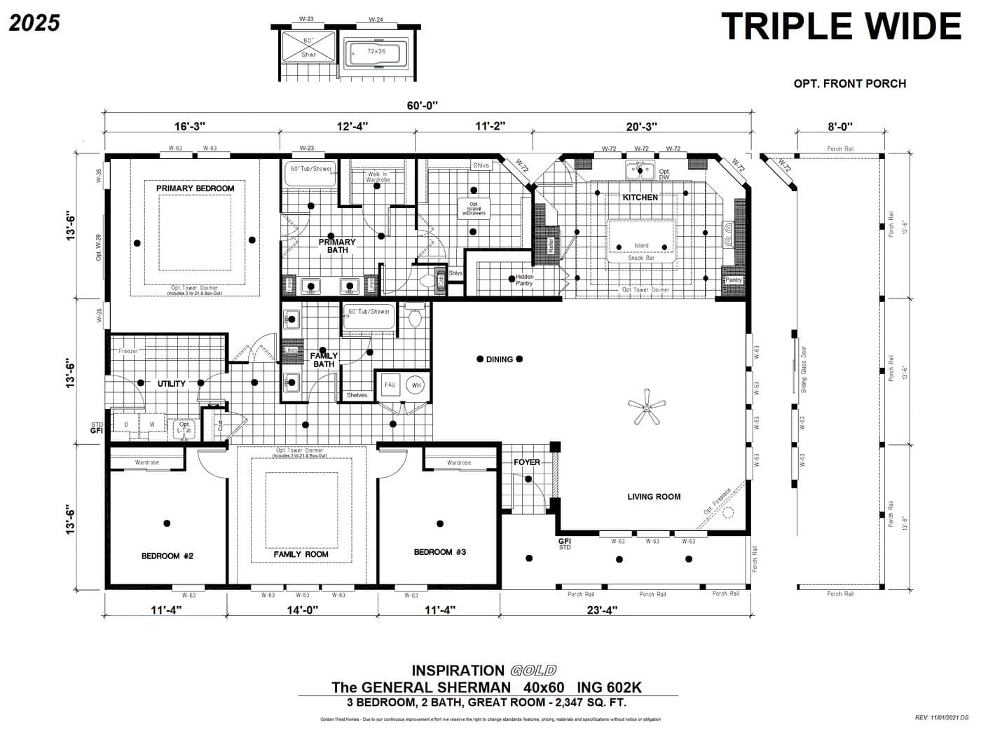 The ING602K GENERAL SHERMAN     GW Floor Plan. This Manufactured Mobile Home features 3 bedrooms and 2 baths.