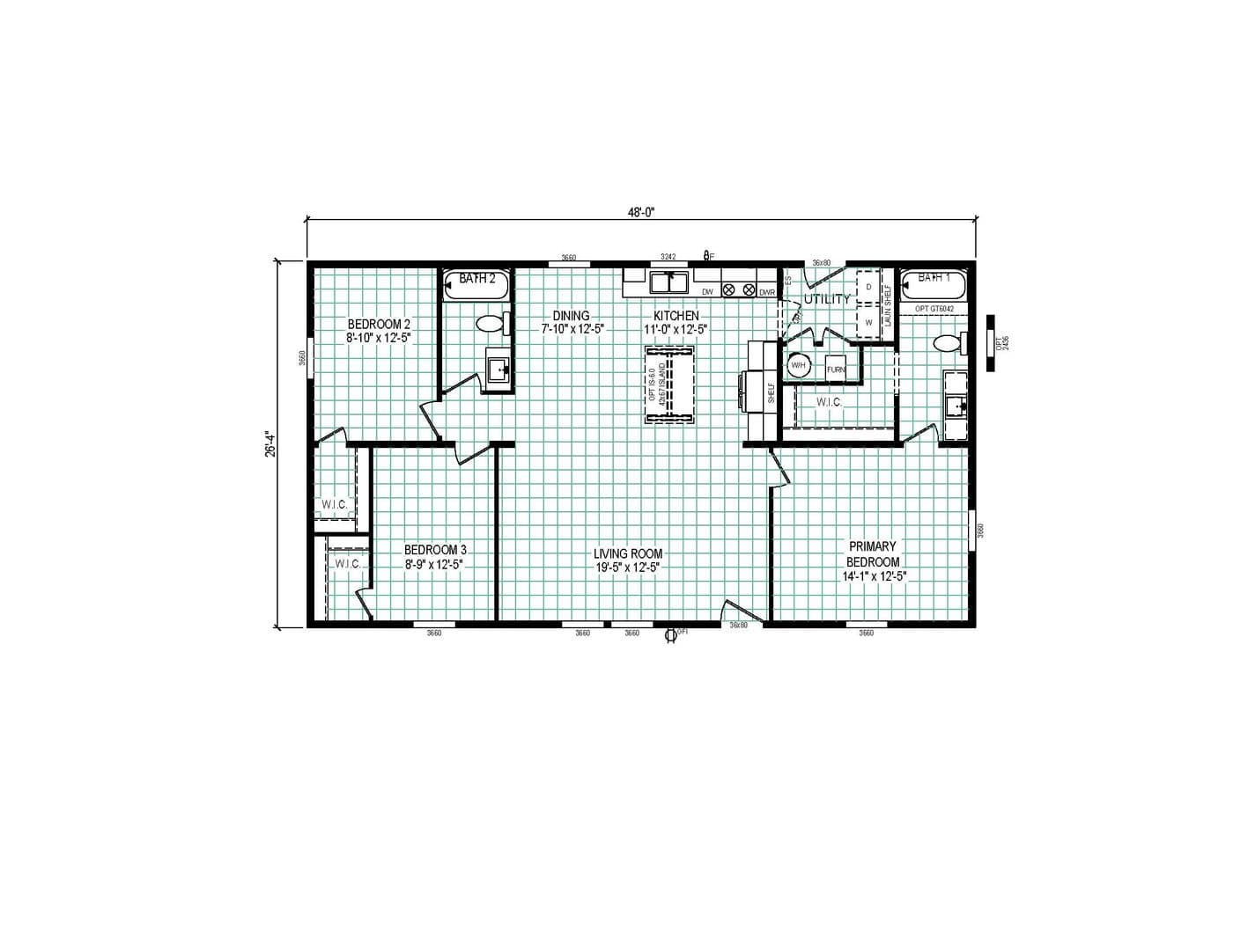 The 4828-CC51 PILLAR 48 Floor Plan. This Manufactured Mobile Home features 3 bedrooms and 2 baths.