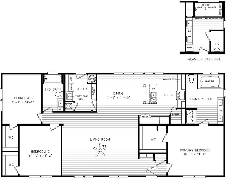 The 6401 THE BAYVIEW HUD Floor Plan. This Manufactured Mobile Home features 3 bedrooms and 2 baths.