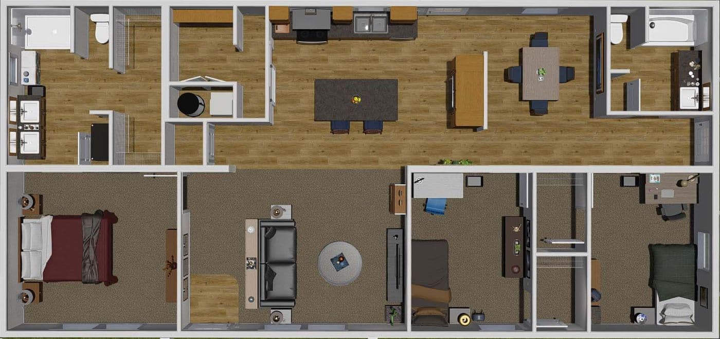 The LET IT BE Floor Plan. This Manufactured Mobile Home features 3 bedrooms and 2 baths.