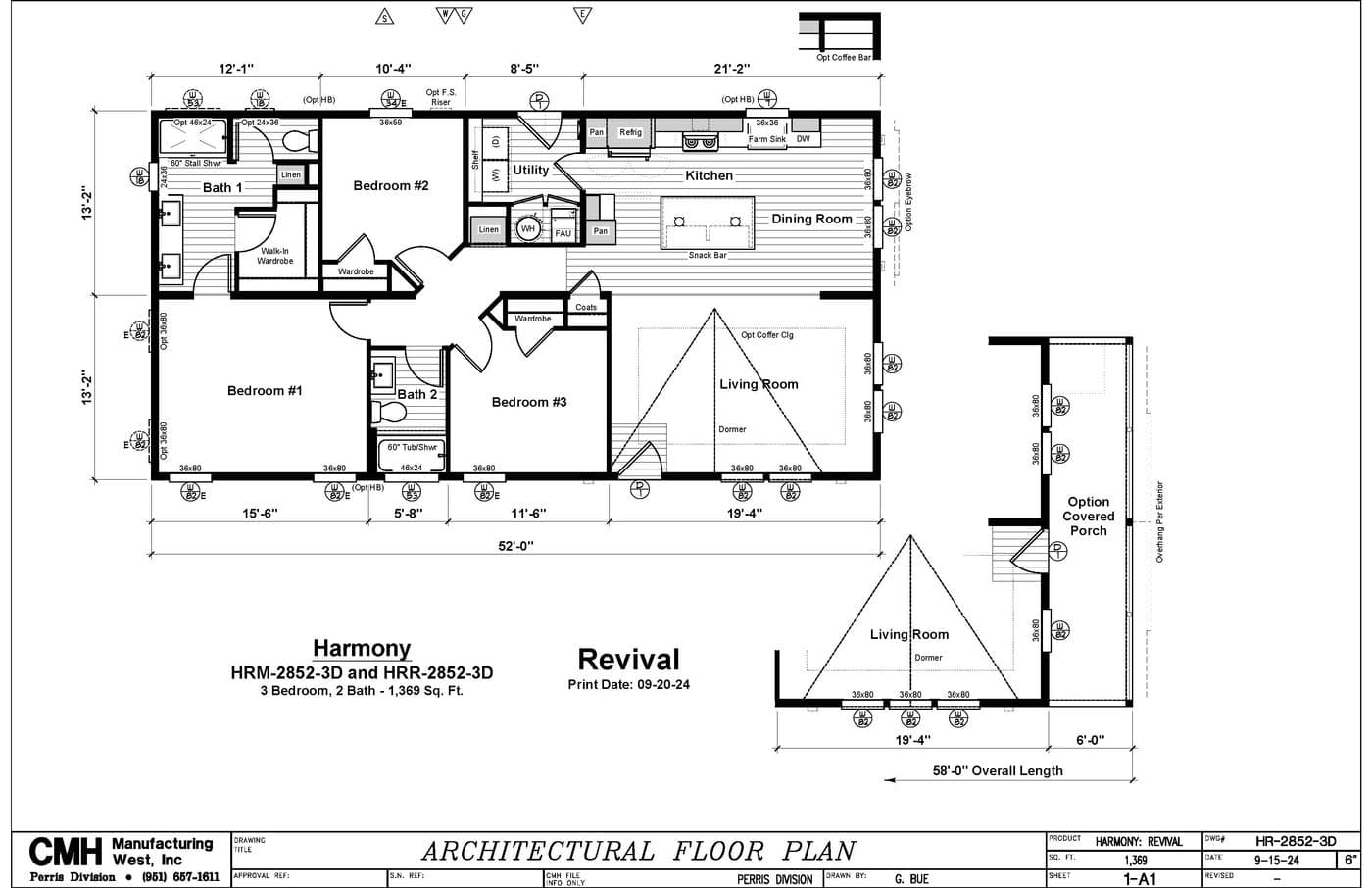 The HRR-2852-3D            REVIVAL Floor Plan. This Manufactured Mobile Home features 3 bedrooms and 2 baths.