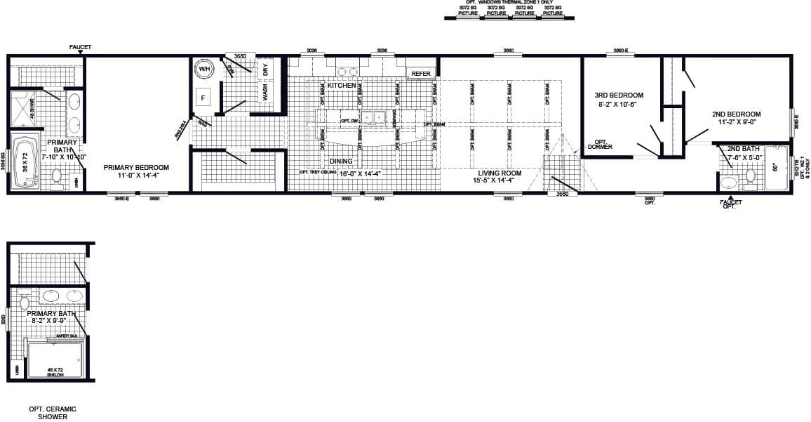 The THE DEWEY Floor Plan. This Manufactured Mobile Home features 3 bedrooms and 2 baths.
