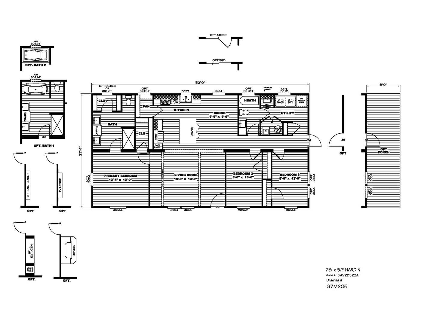 The HARDIN Floor Plan. This Manufactured Mobile Home features 3 bedrooms and 2 baths.