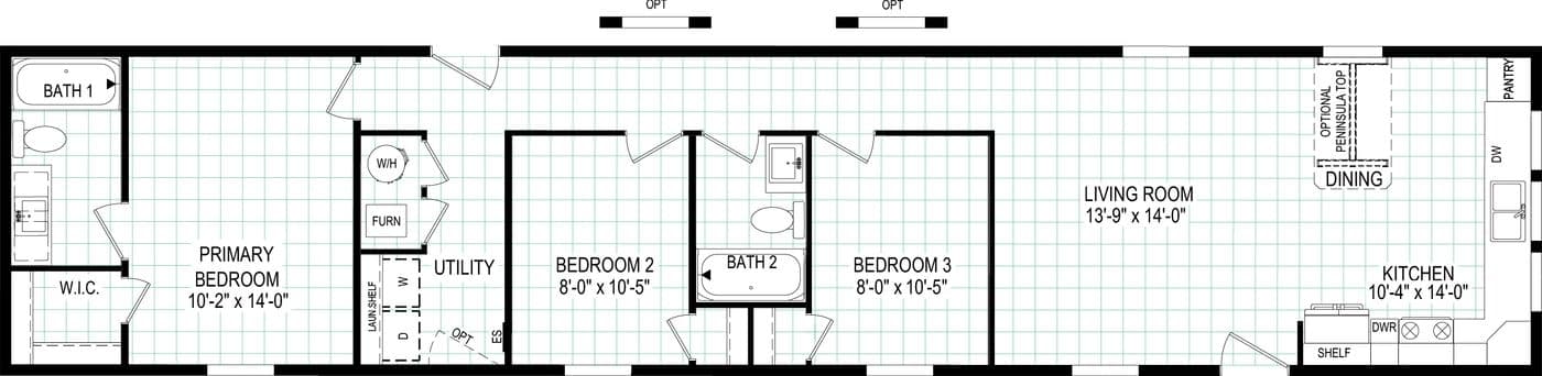 The 7016-CC03 HARBORVIEW 70 Floor Plan. This Manufactured Mobile Home features 3 bedrooms and 2 baths.