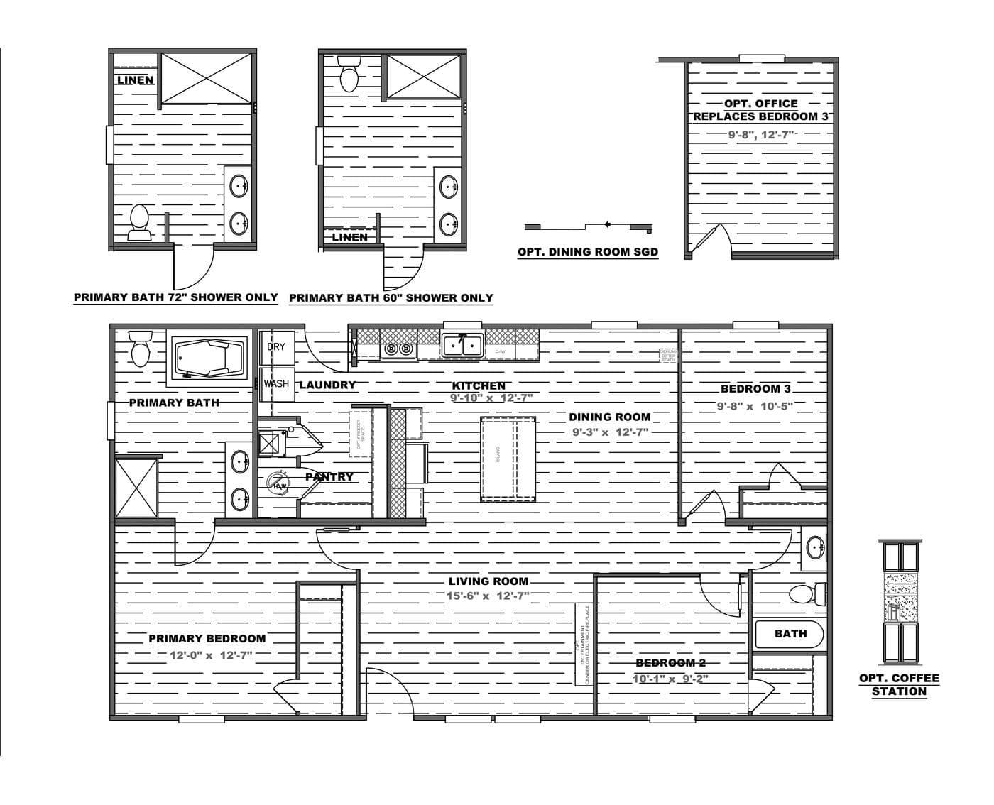 The THE MOUNTAINEER 48 Floor Plan. This Manufactured Mobile Home features 3 bedrooms and 2 baths.