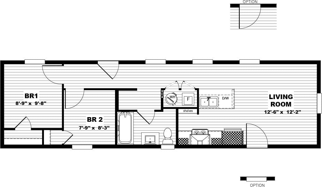 The SATISFACTION Floor Plan. This Manufactured Mobile Home features 2 bedrooms and 1 bath.