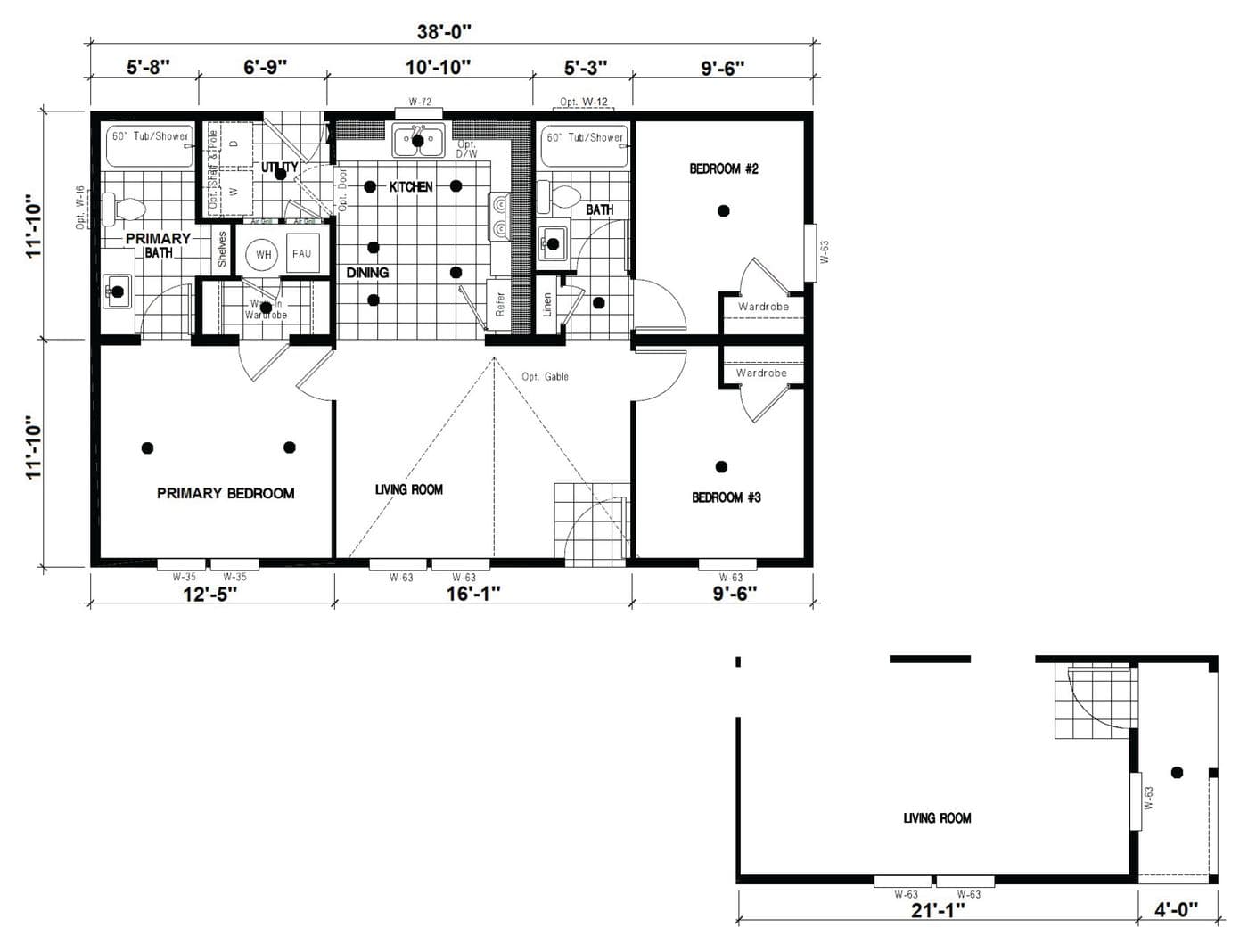 The DRM385A 2438'            DREAM Floor Plan. This Manufactured Mobile Home features 3 bedrooms and 2 baths.