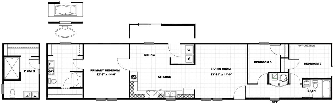 The SHOWER HOUSE Floor Plan. This Manufactured Mobile Home features 3 bedrooms and 2 baths.