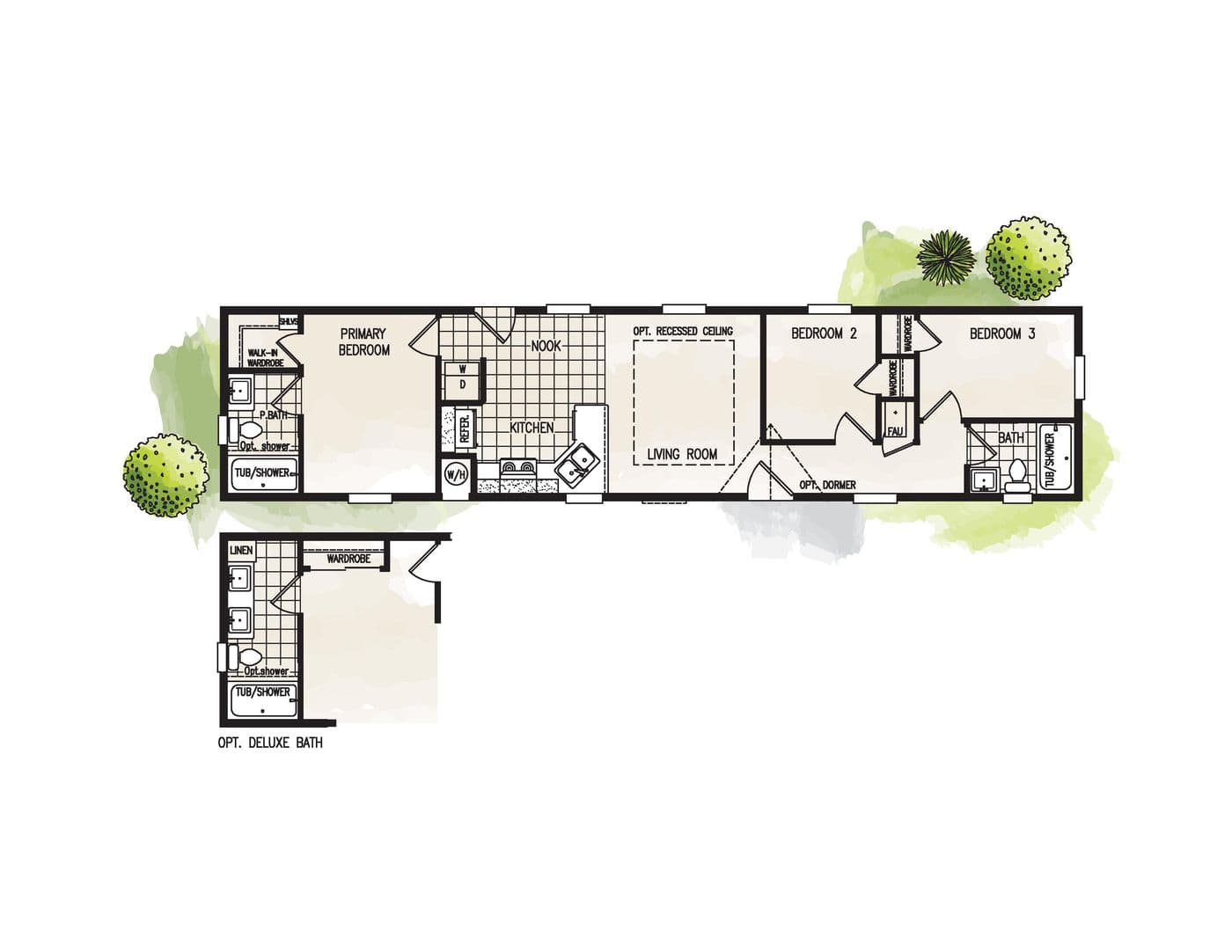 The FAIRPOINT 14603B Floor Plan. This Manufactured Mobile Home features 3 bedrooms and 2 baths.