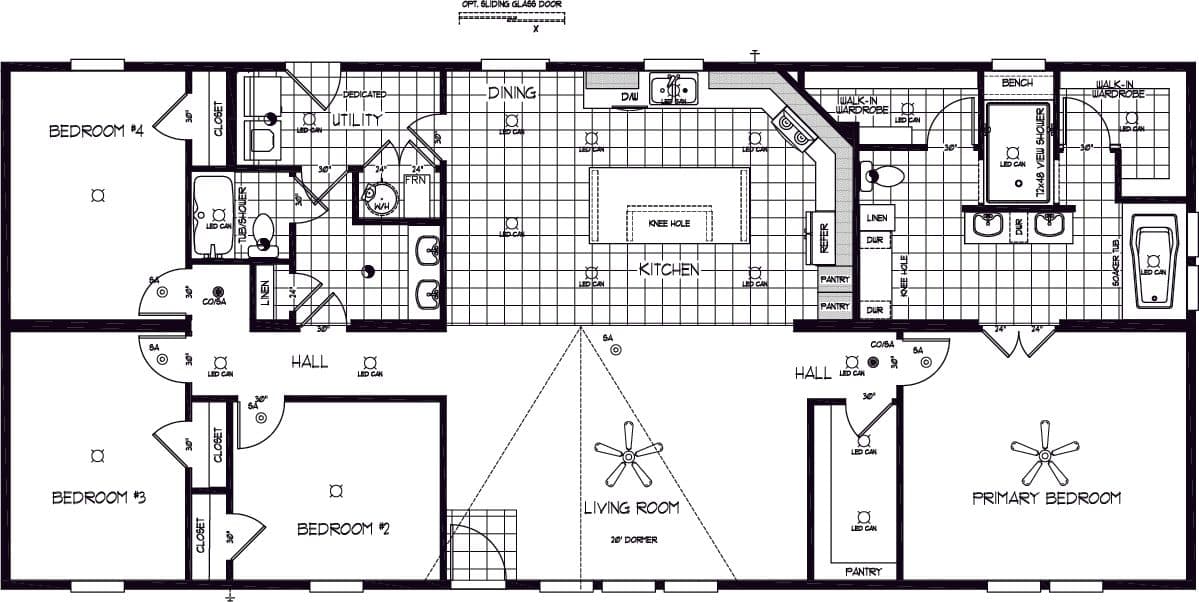 The TU3068A Floor Plan. This Manufactured Mobile Home features 4 bedrooms and 2 baths.