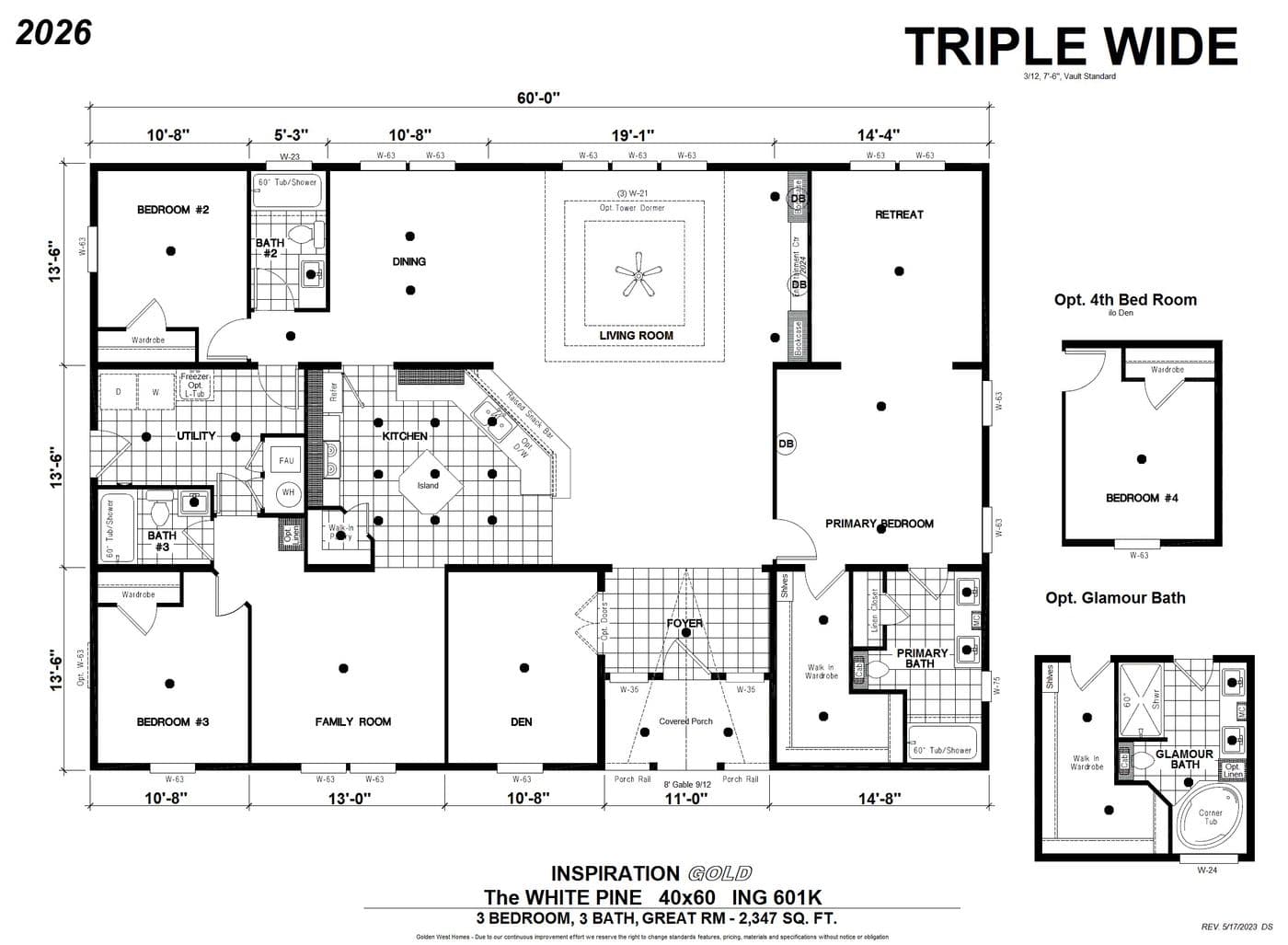 The ING601K WHITE PINE          GW Floor Plan. This Manufactured Mobile Home features 3 bedrooms and 3 baths.