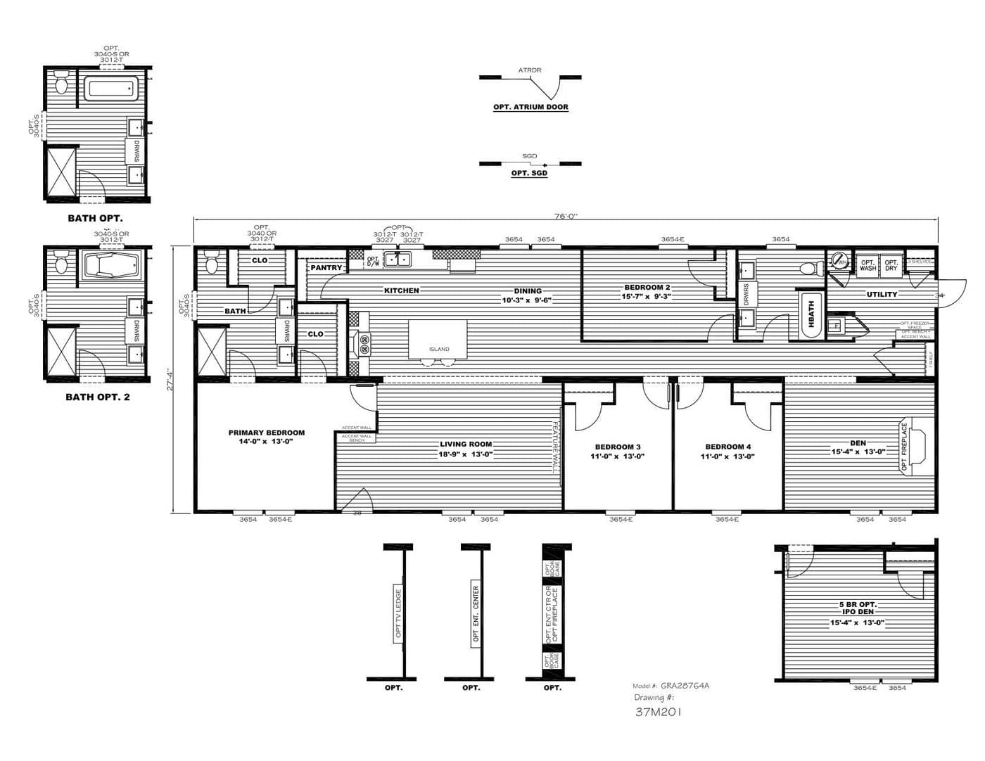 The GRAND LIVING 76 Floor Plan. This Manufactured Mobile Home features 4 bedrooms and 2 baths.