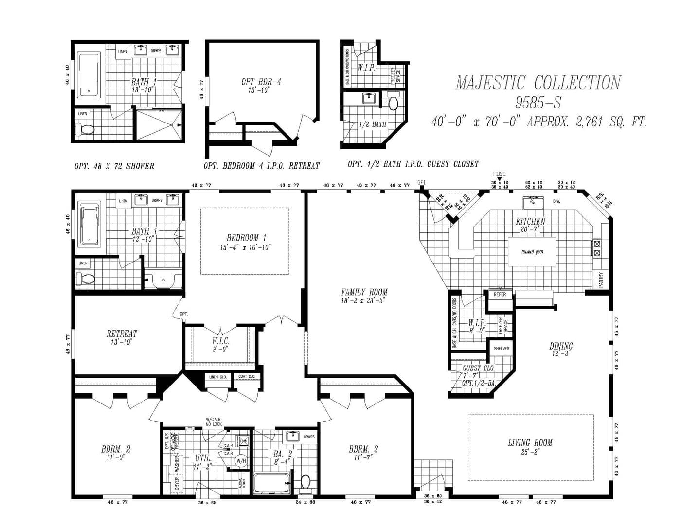 The 9585-S MAJESTIC Floor Plan. This Manufactured Mobile Home features 3 bedrooms and 2 baths.