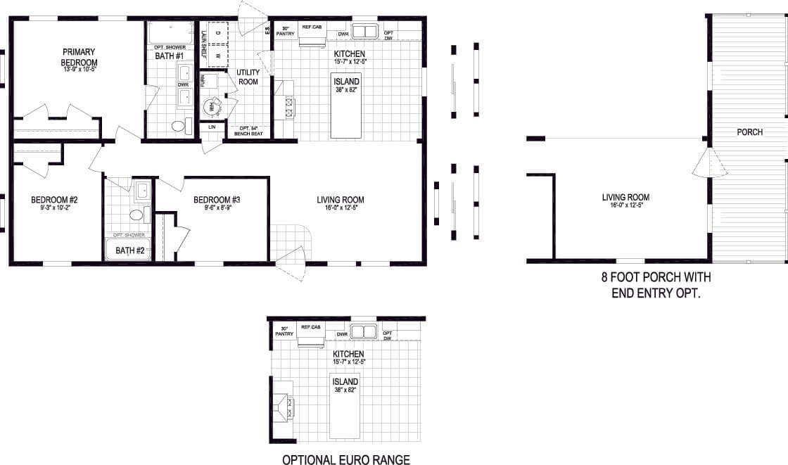 The HORIZON PLACE 4428-MS057 SECT Floor Plan. This Manufactured Mobile Home features 3 bedrooms and 2 baths.