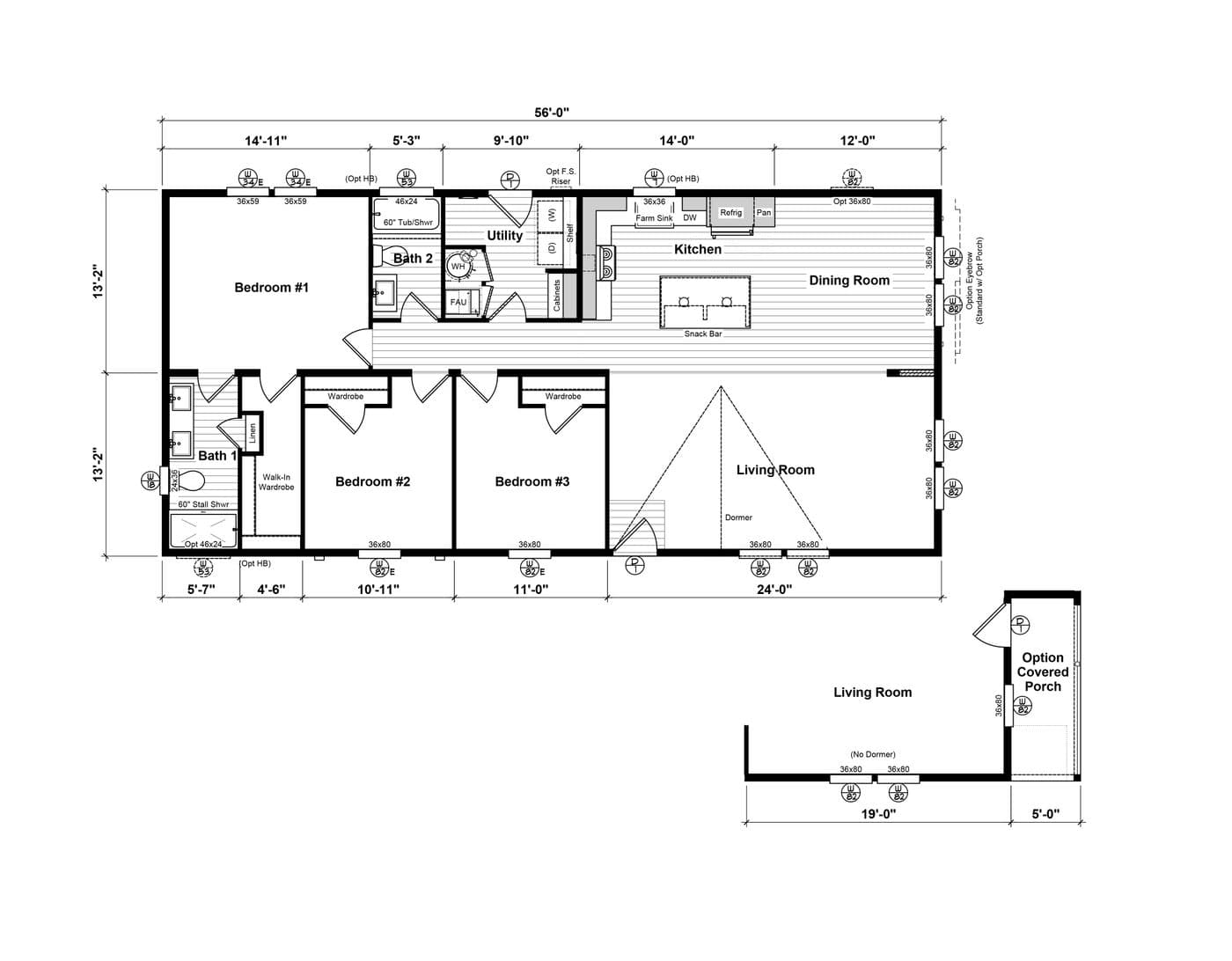 The HRR 2856-3E          LIGHTFOOT Floor Plan. This Manufactured Mobile Home features 3 bedrooms and 2 baths.