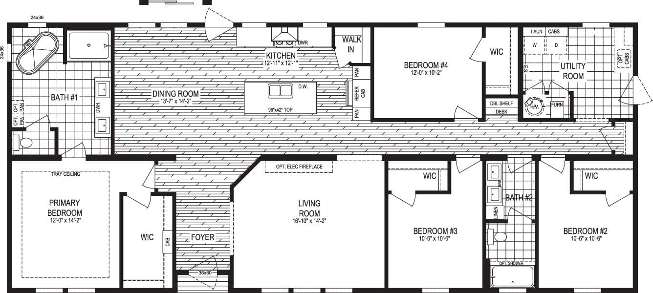 The EDEN/7230-MS061 SECT Floor Plan. This Manufactured Mobile Home features 4 bedrooms and 2 baths.