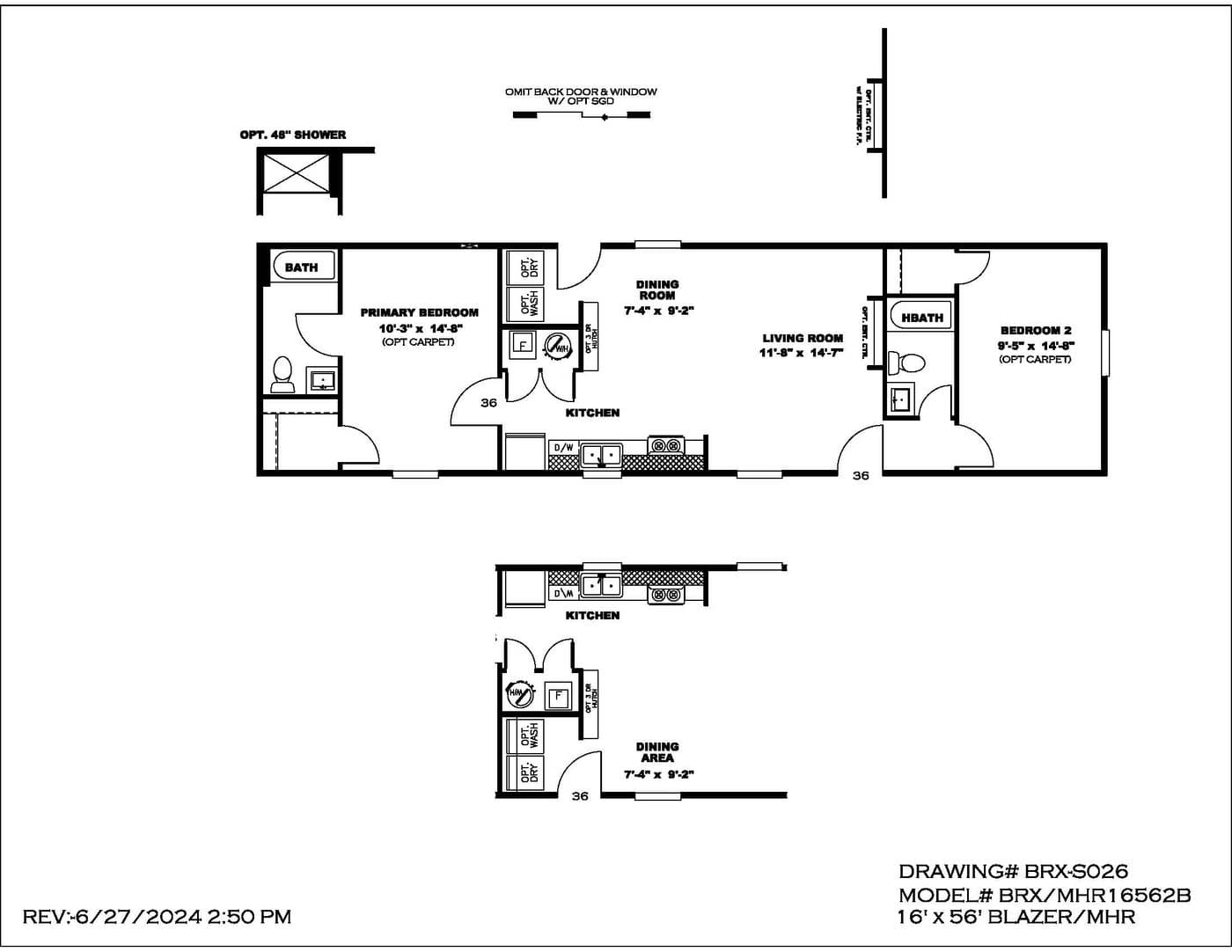 The BLAZER 56 B Floor Plan. This Manufactured Mobile Home features 2 bedrooms and 2 baths.