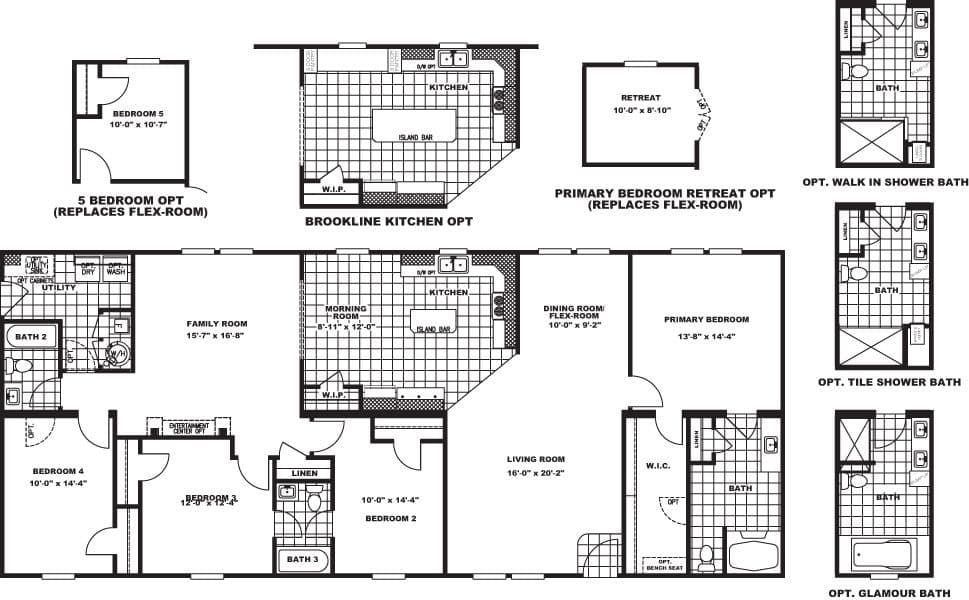 The BROOKLINE FLEX 32 WIDE Floor Plan. This Manufactured Mobile Home features 4 bedrooms and 3 baths.