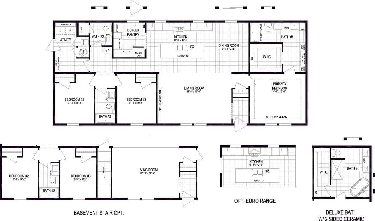 The BUTLER PLACE/6428-MS056 SECT Floor Plan. This Manufactured Mobile Home features 3 bedrooms and 3 baths.